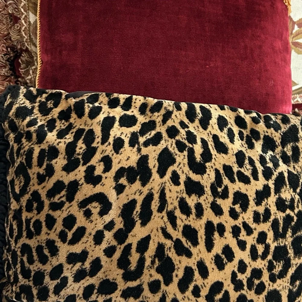 Red Velvet Square Pillow with Gold Tassels plus a leopard pillow